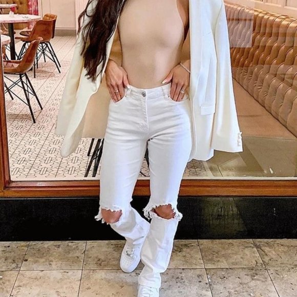 White High Waist Ripped Distressed Straight Leg Jeans Denim Pants - Picture 5 of 8